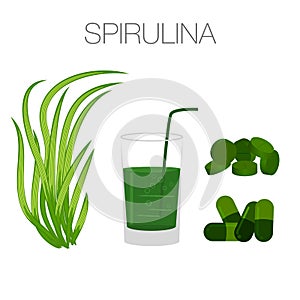 Set of spirulina algae, tablets, pills, powder and cells
