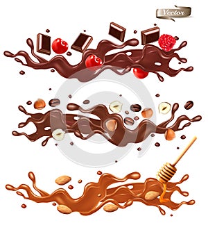 Set of splash of chocolate with whole and sliced cherry, raspberry, almond, nuts and caramel on transparent background. Vector