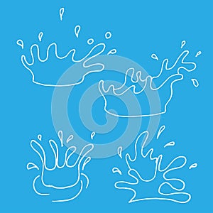Set of splash water illustration isolated on blue background. four shape of water splattered. hand drawn vector. fresh and clean w