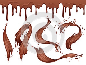 Set of splashes and waves of liquid hot chocolate. Chocolate seamless border