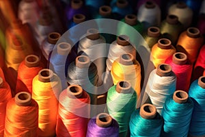 A set of spools of sewing thread in different colors.