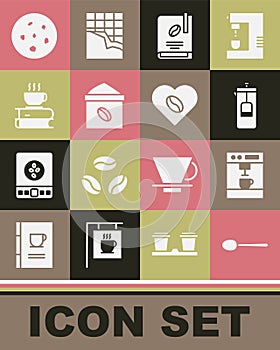 Set Spoon, Coffee machine, French press, book, Bag coffee beans, cup and, Cookie or biscuit and Lovers icon. Vector
