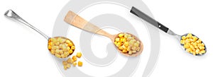 Set of spoons with delicious canned corn on background, top view. Banner design