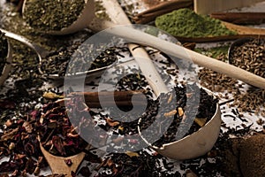 Set of spoons with different spices on table