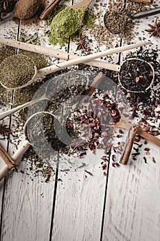 Set of spoons with different spices on table