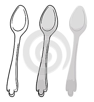 Set of spoons in outlines for coloring and cartoon versions, Vector illustration