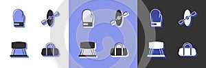 Set Sport bag, Boxing glove, Pommel horse and Kayak and paddle icon. Vector