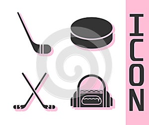 Set Sport bag, Ice hockey stick, Ice hockey sticks and Hockey puck icon. Vector