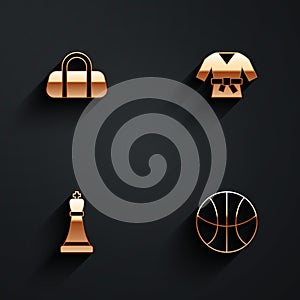 Set Sport bag, Kimono, Chess and Basketball ball icon with long shadow. Vector