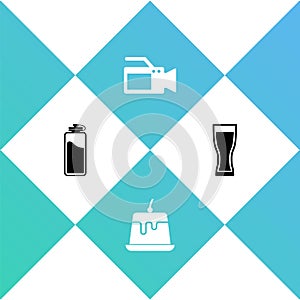 Set Sport bottle with water, Pudding custard, Cinema camera and Glass of beer icon. Vector