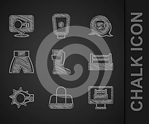 Set Sport boxing shoes, bag, Boxing ring, Punch glove, short, helmet and icon. Vector