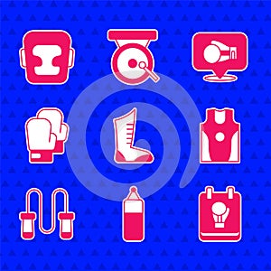 Set Sport boxing shoes, Punching bag, Boxing glove, jersey and t-shirt, Jump rope, and helmet icon. Vector