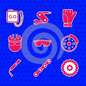 Set Sport cycling sunglasses, Bicycle chain, cassette, brake disc, air pump, helmet, Gloves and Stopwatch icon. Vector