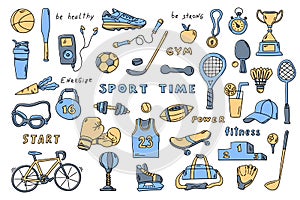 Set of sport elements with lettering. Cute doodle hand drawn vector illustration