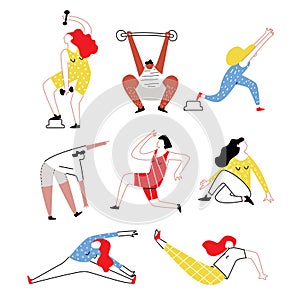 Set of sport exercising people. Training men and women