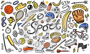 Set of sport icons doodle style. Equipment for fitness and training. Symbols of health and activity. Tennis and football