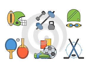 Set of sport icons in flat design line pictogram fitness symbol game trophy competition dumbbell activity vector