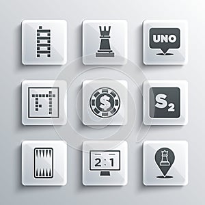 Set Sport mechanical scoreboard, Chess, Bingo, Casino chip with dollar, Backgammon, Mahjong pieces and Uno card game