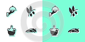 Set Sport racing car, Covered with tray of food, Bottle olive oil and Olives branch icon. Vector