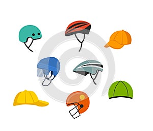 Set of sport and recreational headgear, protection cycling climbing hockey american football helmets , baseball caps, skiing hat