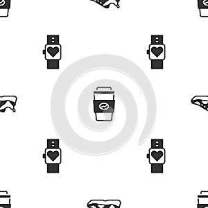 Set Sport sneakers, Coffee cup to go and Smart watch on seamless pattern. Vector