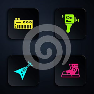 Set Sport sneakers, Music synthesizer, Electric bass guitar and Retro cinema camera. Black square button. Vector