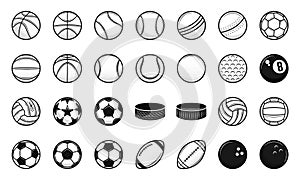 Set of 28 Sport vintage balls icons. Cricket, Baseball, American Football, Soccer, Volleyball, Golf, Basketball, Hockey.