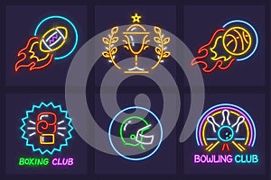 Set of sporting neon icons balls