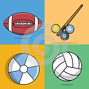 Set of Sports American Football, Volleyball, Billiard stick and balls, Colorful Beach Balloon vector illustration