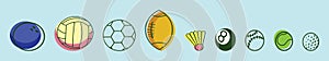 Set of sports balls cartoon icon design template with various models. vector illustration isolated on blue background