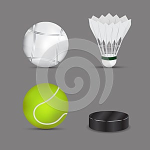 Set of sports balls with gray background. Boules ball . shuttlecock or badminton ball. tennis ball . ice hockey ball . vector.