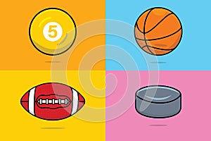 Set of Sports Balls, Hockey Puck, American Football Ball, Billiard Balls, Basketball vector illustration.