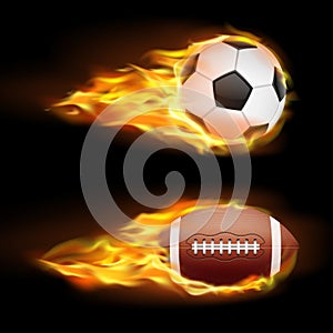 set of sports burning balls, balls for soccer and American football on fire in a realistic style