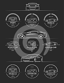 Set of sports car service labels, badges, emblems and design elements in vintage style