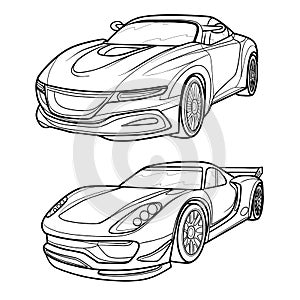 Set of sports car sketches, coloring book, isolated object on white background, vector illustration