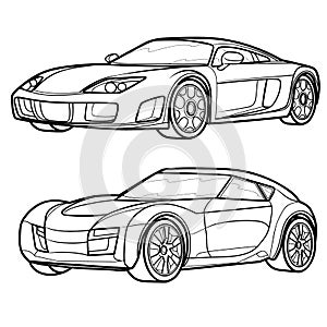 Set of sports car sketches, coloring book, isolated object on white background, vector illustration
