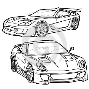 Set of sports car sketches, coloring book, isolated object on white background, vector illustration