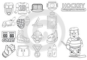 A set of sports equipment and hockey player black and white outline drawing