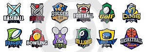 Set of sports logos. Emblems soccer, basketball, cricket, hockey, baseball, american football, tennis, rugby, soccer