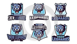 Set of sports logos with snow leopard mascots. Colorful collection sports emblem mascot and bold font on shield