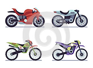 Set of sports motorcycles. Racing motorcycle, collectible vehicles for road racing, speed race modern vehicle travel and photo