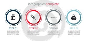 Set Sports nutrition, Doping syringe, Barbell and Kettlebell. Business infographic template. Vector