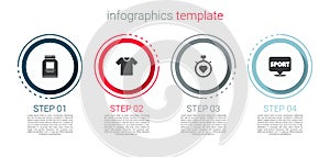 Set Sports nutrition, T-shirt, Heart in the center stopwatch and Location gym. Business infographic template. Vector