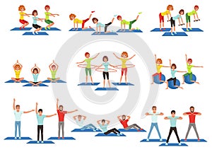 Set of sports people in gym. Group fitness training. Active and healthy lifestyle. Men and women doing exercises. Young