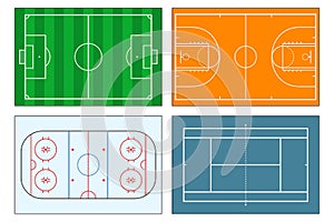 Set of sports play-fields. Soccer football field, tennis and basketball courts, ice hockey rink. Vector illustrator.