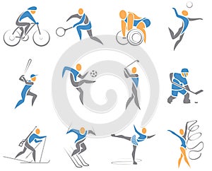 A set of sports: soccer, tennis, volleyball, skiing and more. Isolated stylized illustration on a white background.