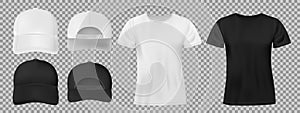 Set of sports wear template. Black and white baseball cap and t-shirt mockup, front and back view. vector illustration