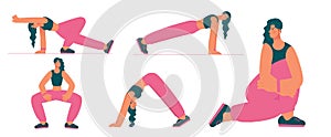 Set of sports woman doing yoga and breathing exercize