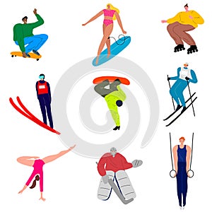 Set of sportsmen doing various kinds of sports activities. Vector illustration in flat cartoon style