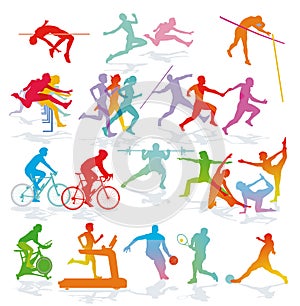 Set of sportsmen, gymnasts, track and field athletes, joggers, footballers, cyclists, illustration